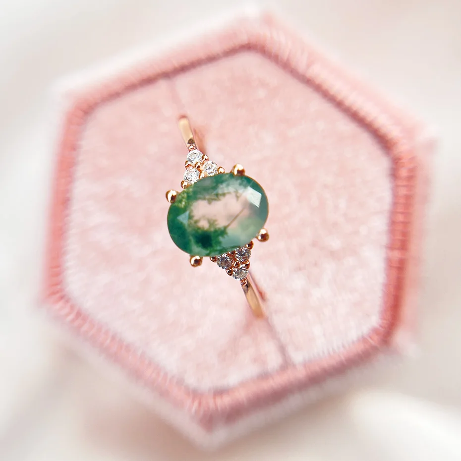 Natural Dainty Ring Green Moss Agate Rings for Women 585 Rose Gold 925 Sterling Silver Gemstone Hexagon Moss Agate Ring