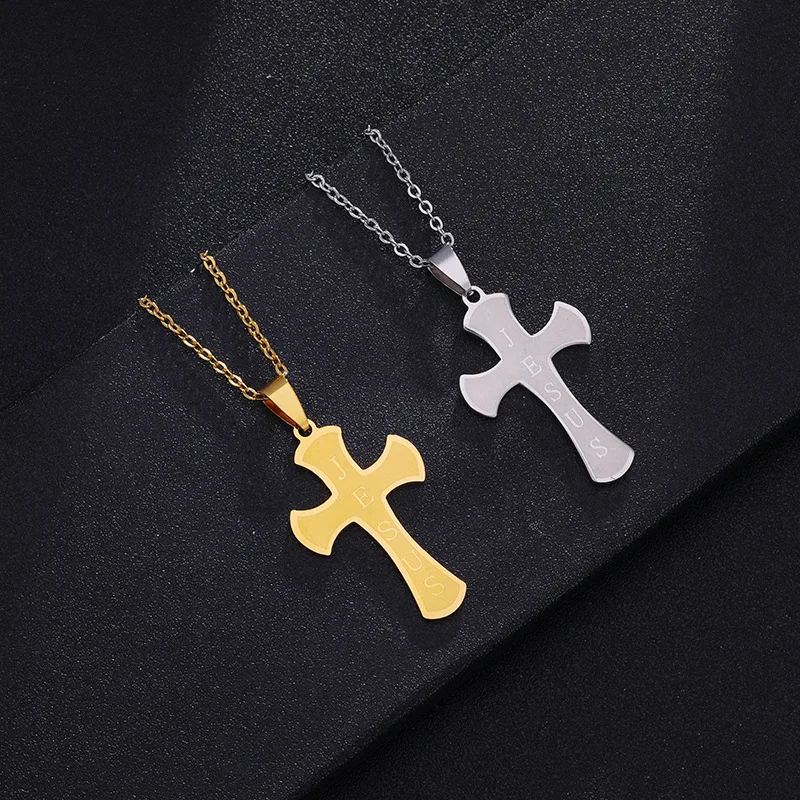 Christian Jesus Engraved 18K Gold Plated Stainless Steel Cross Pendant Charm Faith Based Necklaces Fashion Jewelry Wholesale