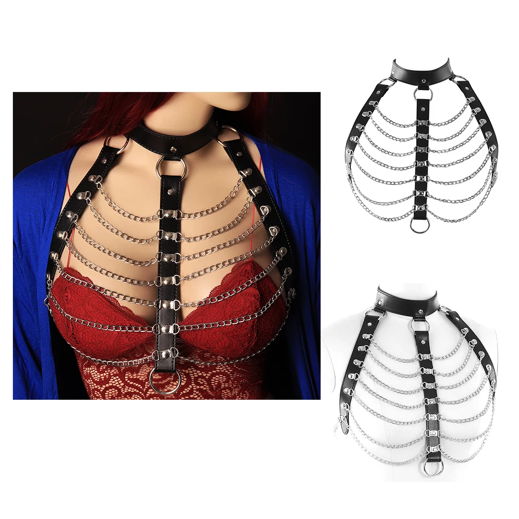 Sexy Woman Body Bondage Chest Chastity Cage Leather Chain Harness Bra For Night Club Sexy Party SM Slave Game Wear