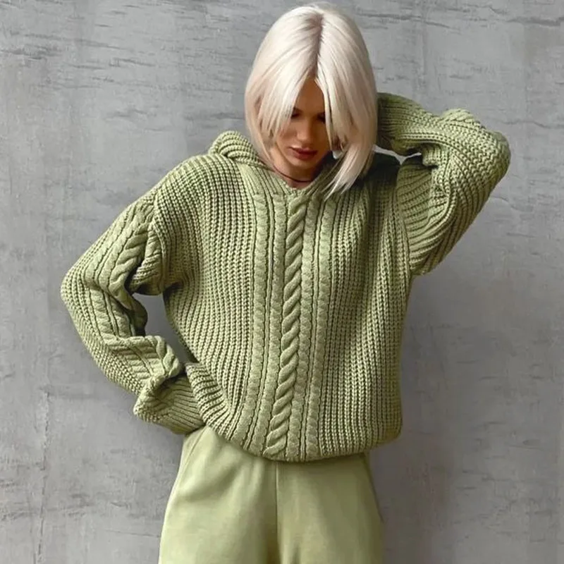 B27504 - quality winter and fall warm sweater knit hooded solid color long sleeve women t shirts