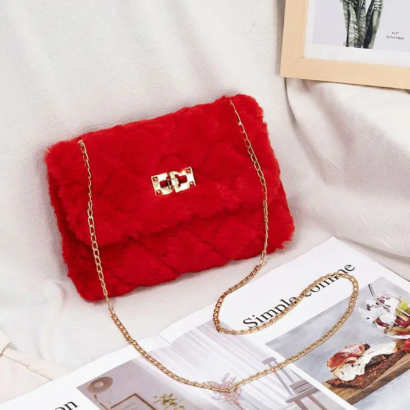 Fluffy little square bag 2023ladies bag Chain Crossbody phone sweet shoulder bag