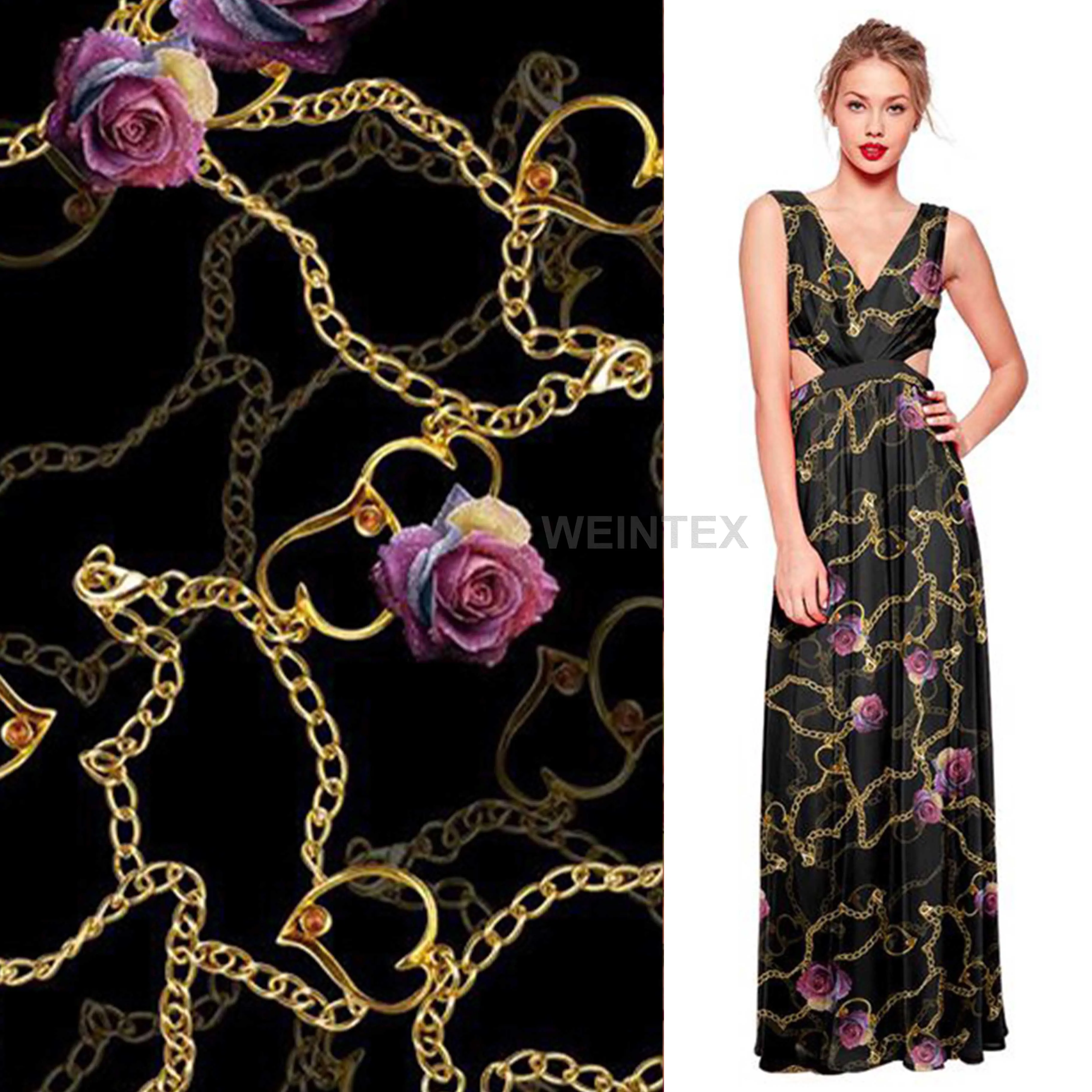 WI-E03-SM068 Custom gold chain and rose printed polyester spandex blend stretch satin fabric for abaya dress