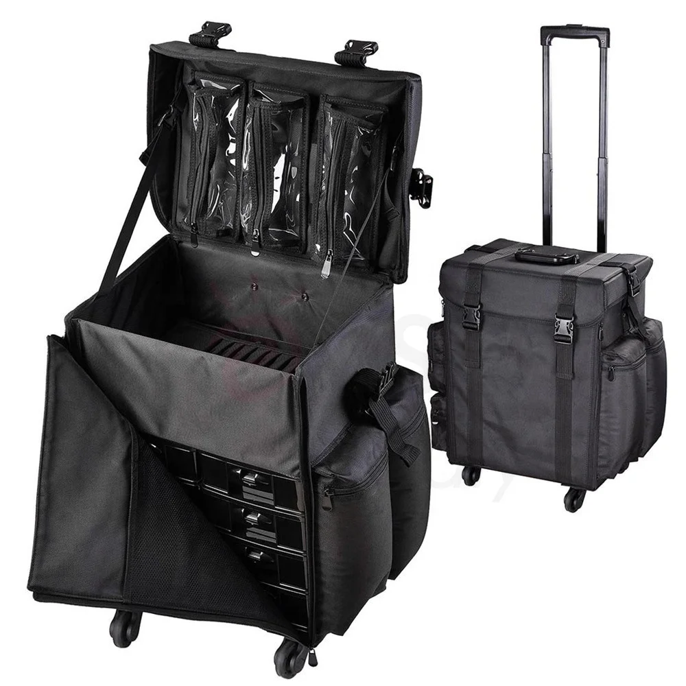 KEYSON FACTORY WHOLESALE Nylon makeup trolley case with drawers Rolling makeup train case with brush holders  barber case