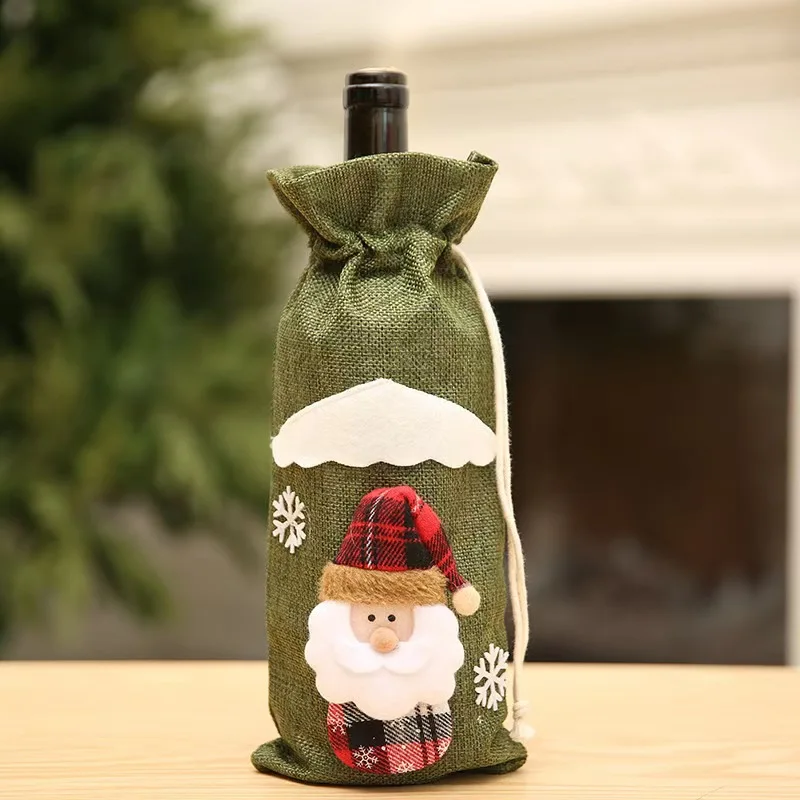 Hot Selling Cross-Border Christmas Wine Set Jute Champagne Bottle Bag Christmas Decoration Bar Restaurant Party Table Atmosphere