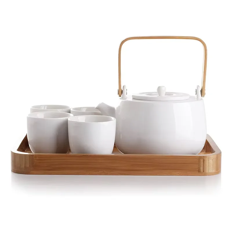 oem odm manufacture factory enamel tea cup set teapot 7-Piece White Ceramics Tea pot Set With Bamboo Serving Tray