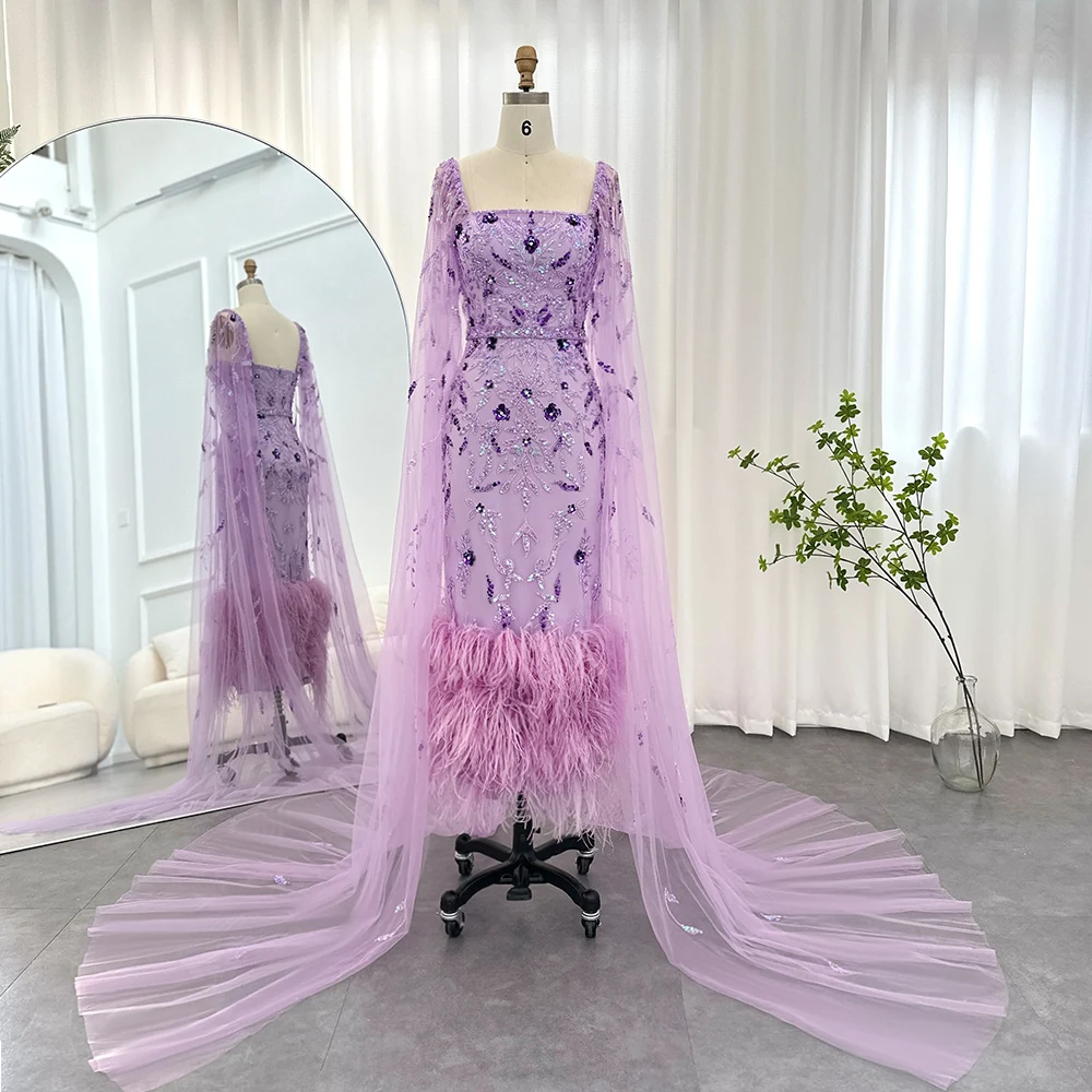 Scz025-2 Dubai Luxury Feathers Lilac Evening Dress With Cape Sleeves Ankle Length Midi Arabic Women Wedding Party Gowns