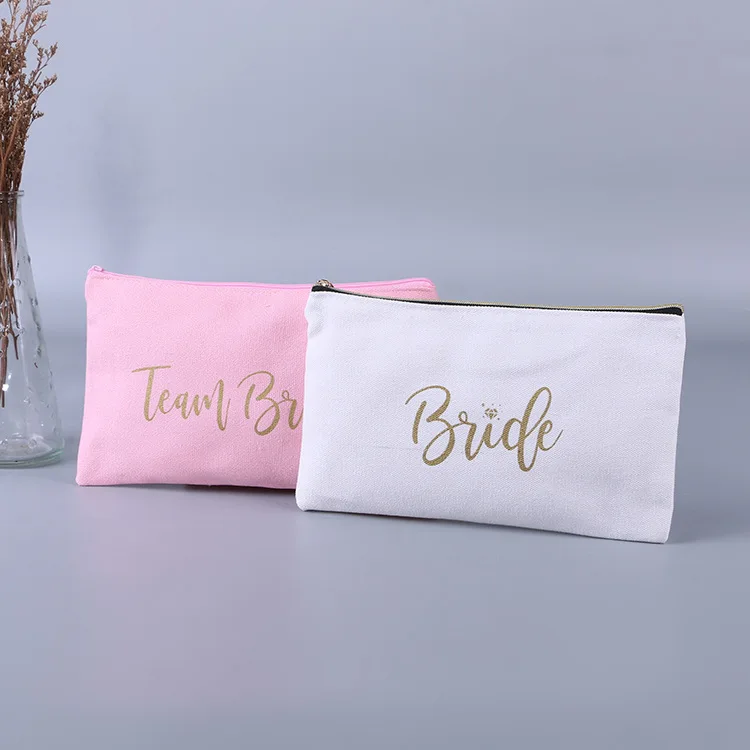 Travel Bride Zipper Makeup Customized Cosmetic Bag Cotton Canvas Zipper Pouch with Custom Logo