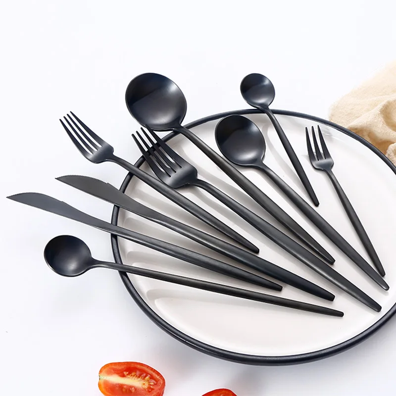 FANGYUAN unique flat handle wedding logo  stainless steel matte black flatware cutlery sets knife and fork