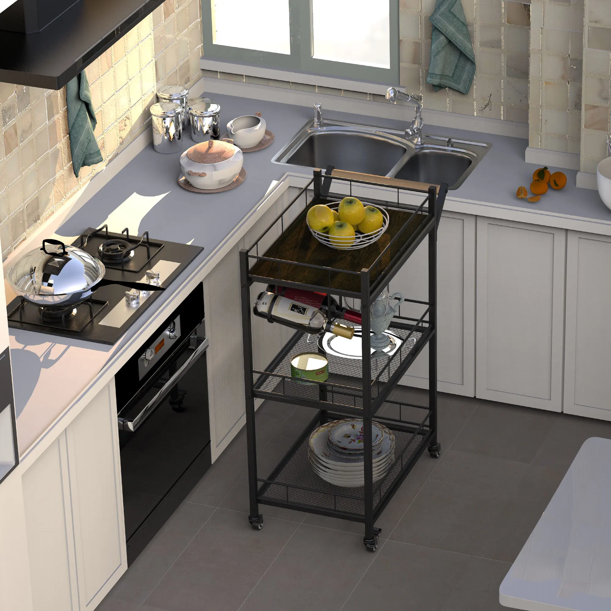 Home Kitchen Outdoor Wine Bar Serving Cart Trolley Rolling wood dinning Cart with Wheels and Glass Bottle Holder