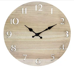 Modern Wood 14 Inch Round Battery Operated Hanging Wall Clock with Cut Out Numbers Natural Wood Base Wood Base