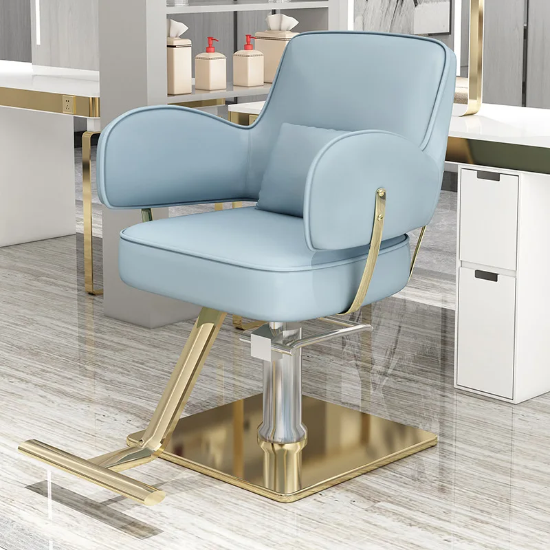 Velvet Fabric Hairdressing Make Up Styling Chair Gold Round Base And Footrest Hair Salon Furniture