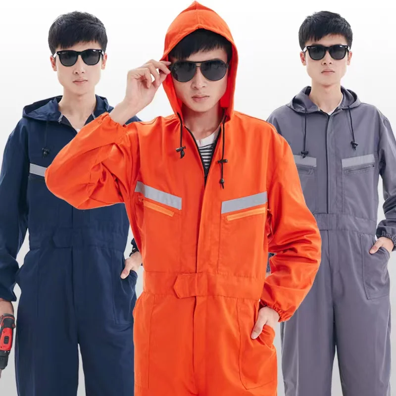 one-piece long hooded men mechanic coverall uniform work clothes outdoor safety set