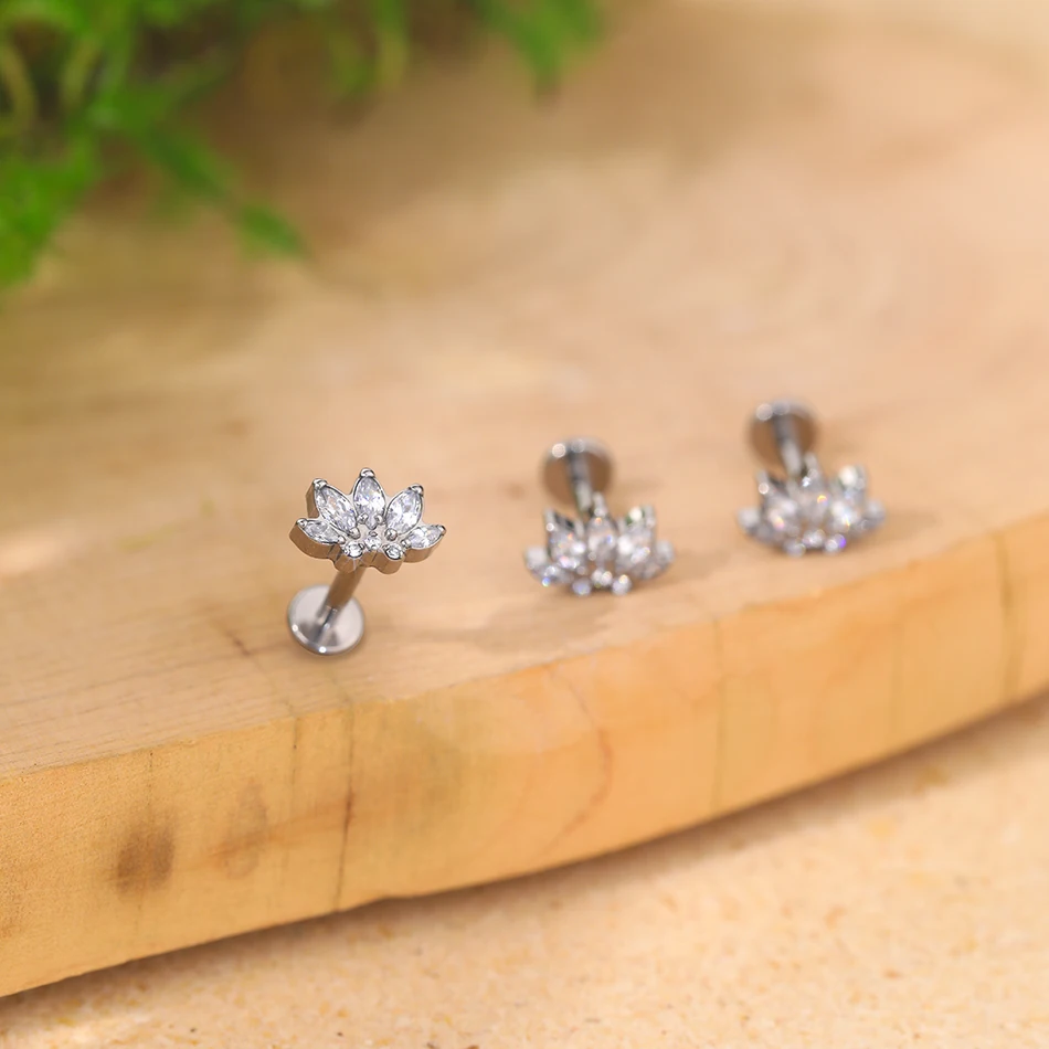 Lingchee ASTM F136 Titanium Thread Lip Rings CZ Helix Conch Labret G23 Titanium Flat Back Tragus Cartilage Earring Piercings