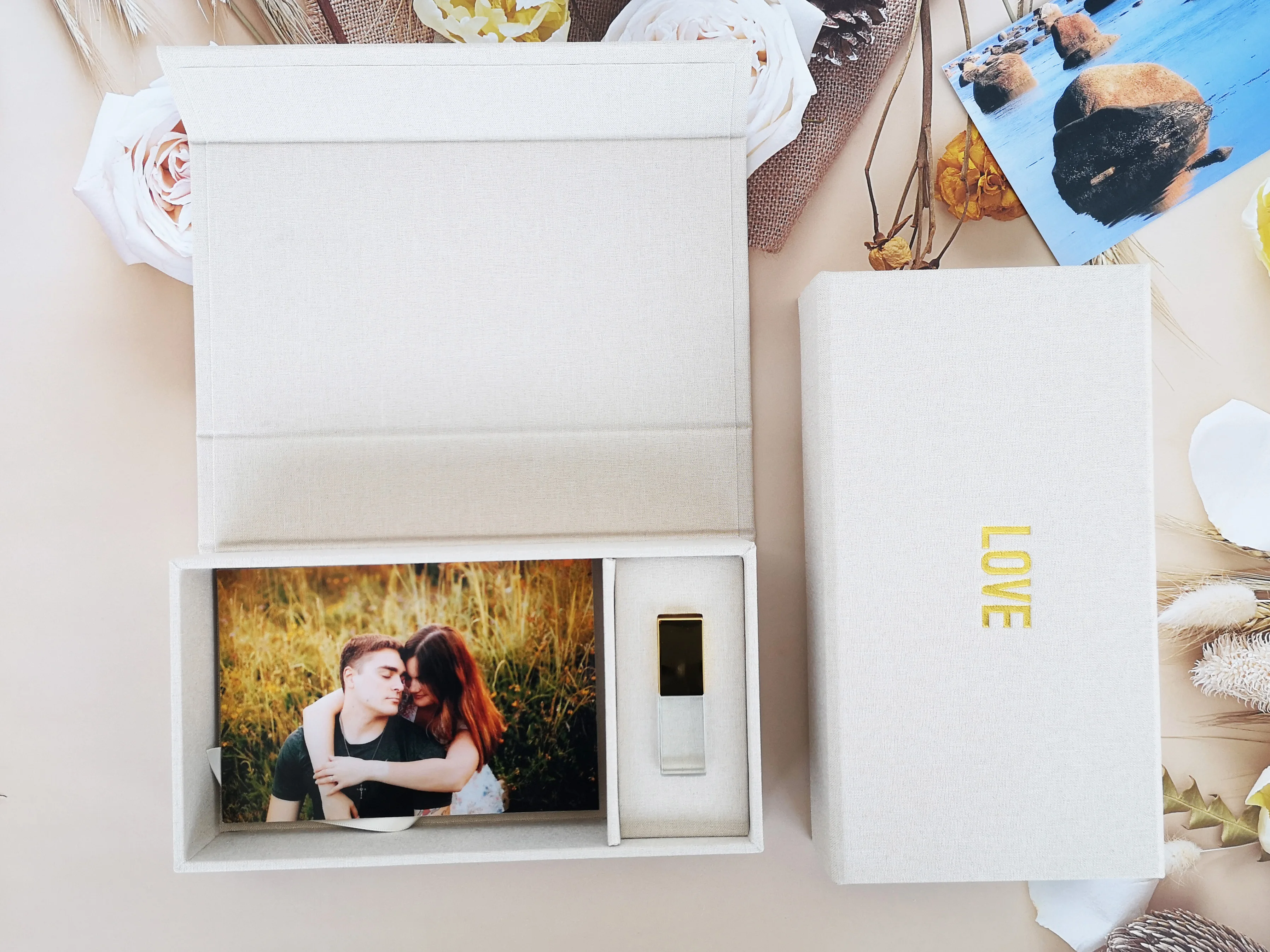 Beige Cream Linen Box Photographer Gift 4*6  Photo Fabric prints Holding Box Glass Crystal USB Flash Drive photo linen box