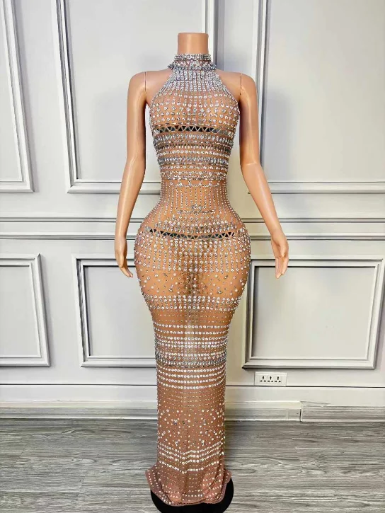 Trending Product Off The Shoulder Crystal Performance Wear High Neck Sheer Mesh See Through Sexy Long Stage Dress