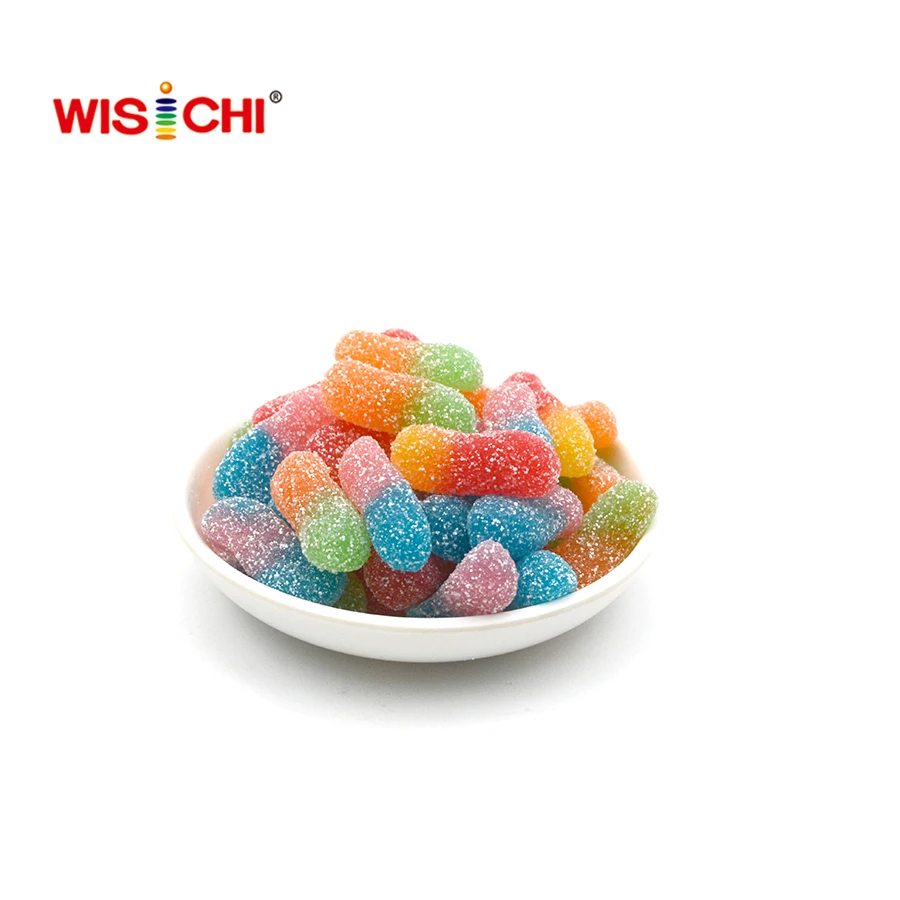 Free sample vegan sour worm gelatinzed candy pectin soft candy withstand high temperature