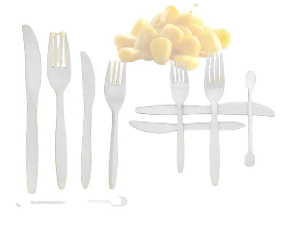 Hotels Restaurants Camping Disposable Cutlery Cornstarch Cutlery Set Disposable Knife Forks Spoons Napkins for Soup Cake Fruit