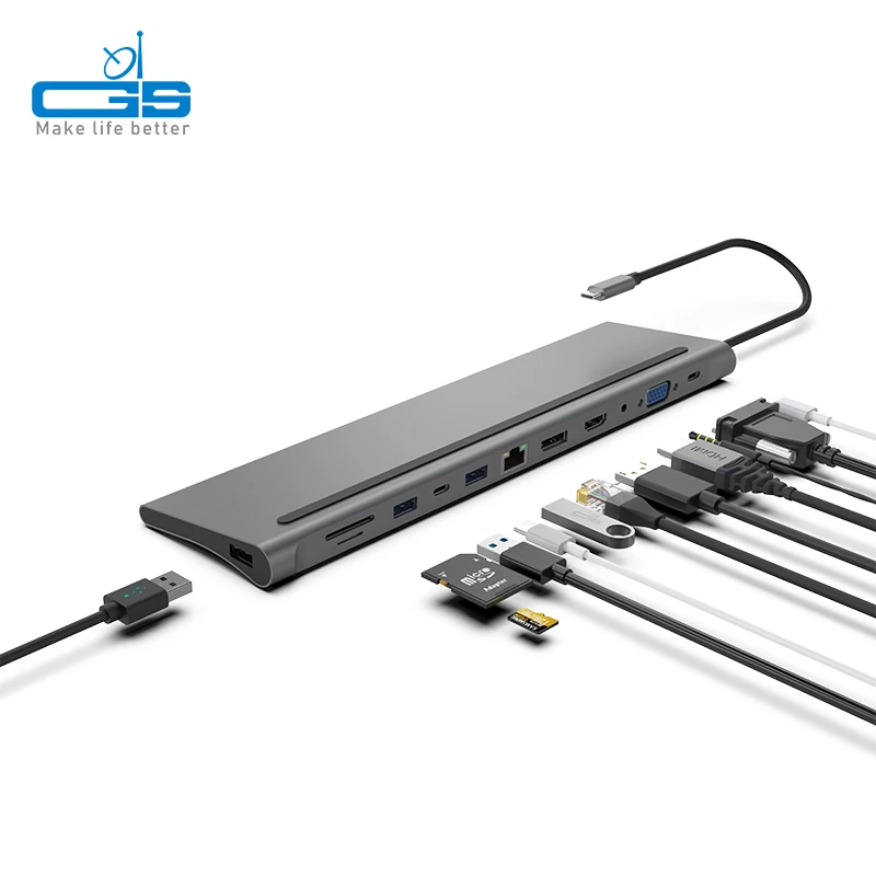 12 in 1 Type c Hub Expansion Dock Laptop Docking Station to DP VGA USB 3.0 SD RJ45 PD 3.5mm Audio USB C Docking Station