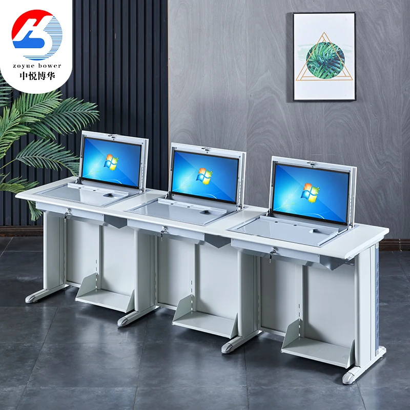 Classroom Cold Rolled Plate Recessed Monitor Flip up Computer Desk