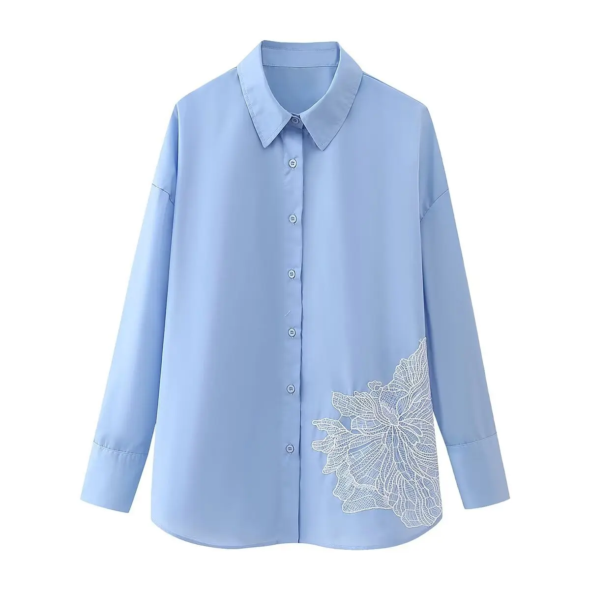 Sexy Blue Long Sleeve Embroidery Shirt Blouse For Womens