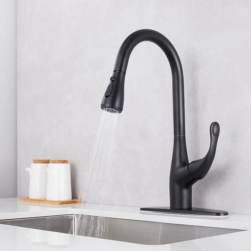 Wuhuang  modern Style Pull Out kitchen taps High Arc Spout Deck Mount Stainless Steel Kitchen Faucets with Sprayer