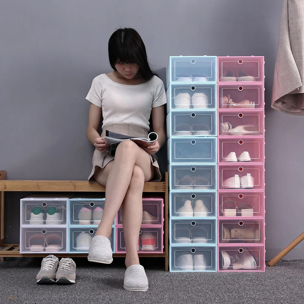 Стабильная коробка для обуви, Складная портативная прозрачная коробка для обуви, оптовая продажа, Штабелируемая стойка для обуви, органайзер, акриловая коробка для обуви