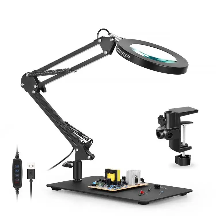 Iron Plate Base Eye Protection Table Lamp with 3 Colors Light 5X HD Magnifying Glass Reading Lamps Magnifying Lamp for Home