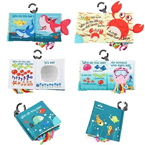 AUGLEKA Early education Who do you see Teether ring ocean Fish Sea Animal soft cloth book for baby infant Toddlers
