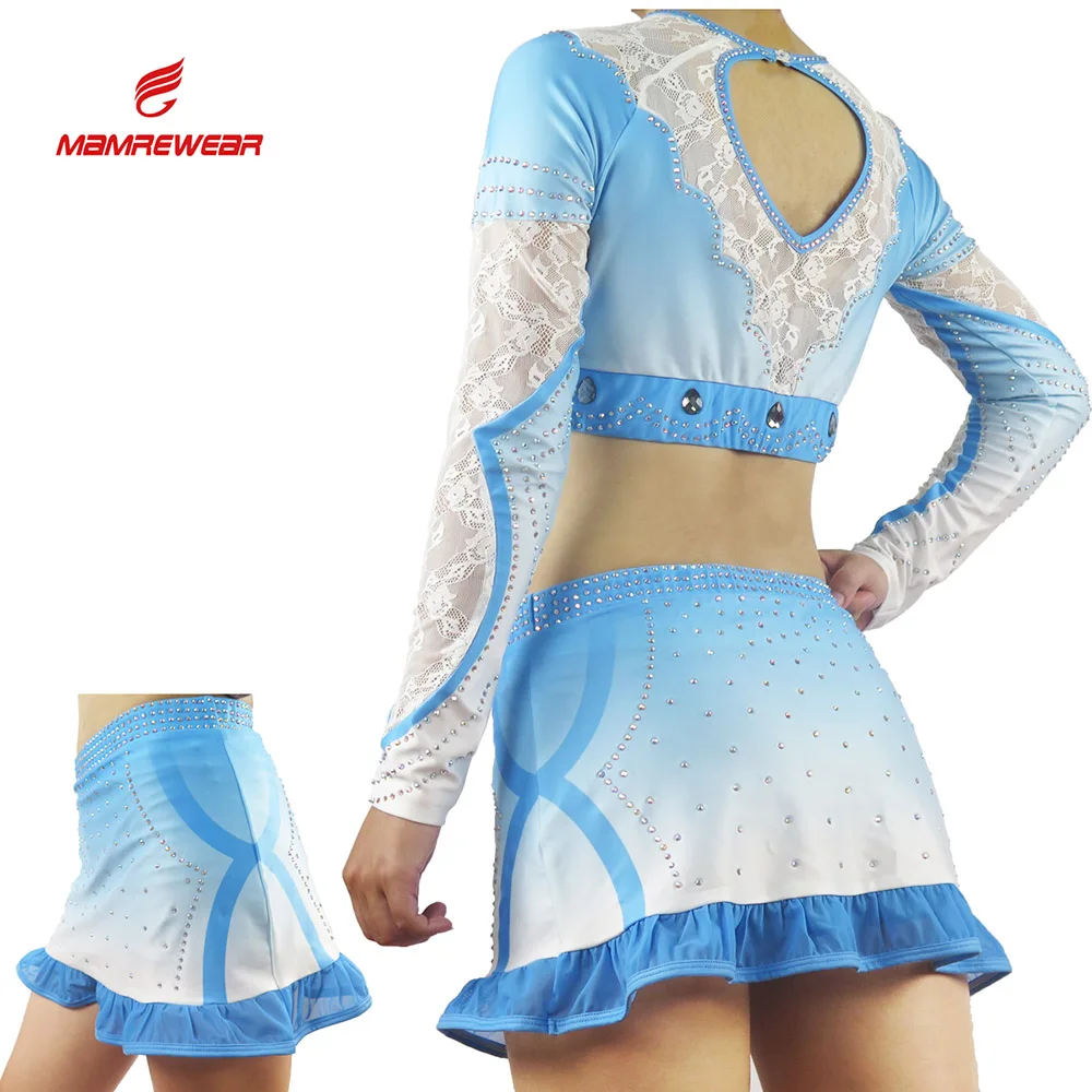 Sublimation Most Popular Cheerleading Uniforms, Sexy Mesh Blue Cheer Clothing