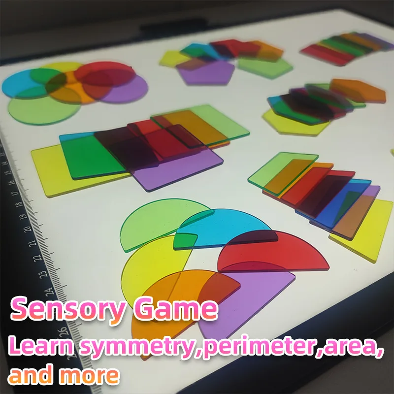 set of 54 Colorful Rainbow Plastic Shape Light Box Accessory Sensory Play Math Manipulative transparent geometric shapes for Kid