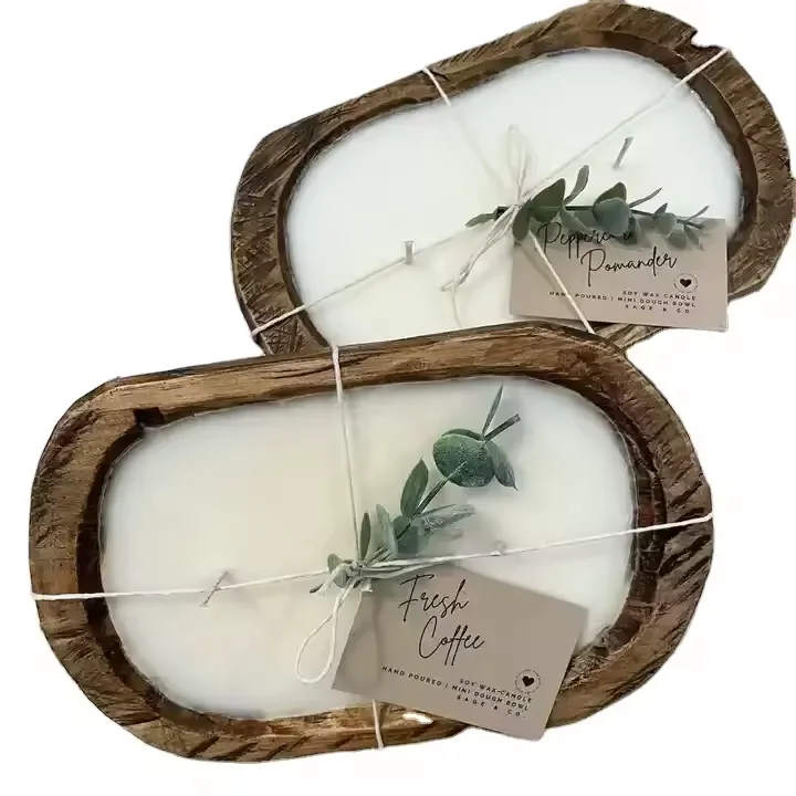 Farmhouse Brown Rustic Wooden Dough Bowl Customizable Logo Glass Tealight Candle Jar Home Decoration Wholesale Lantern Type