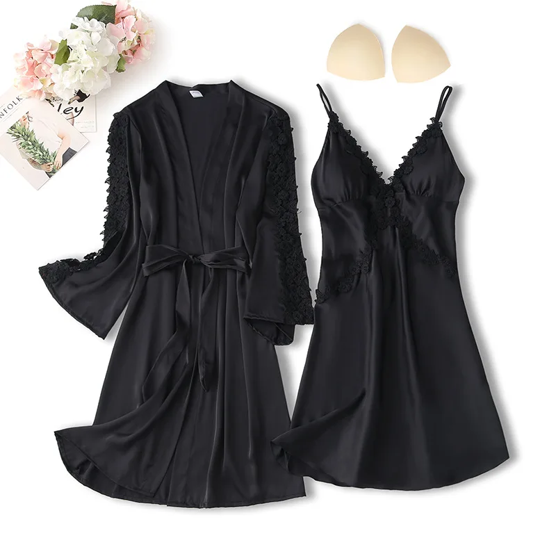 Women Lace Satin 2pcs Pajamas set Silk Sexy Nightgown for Bride