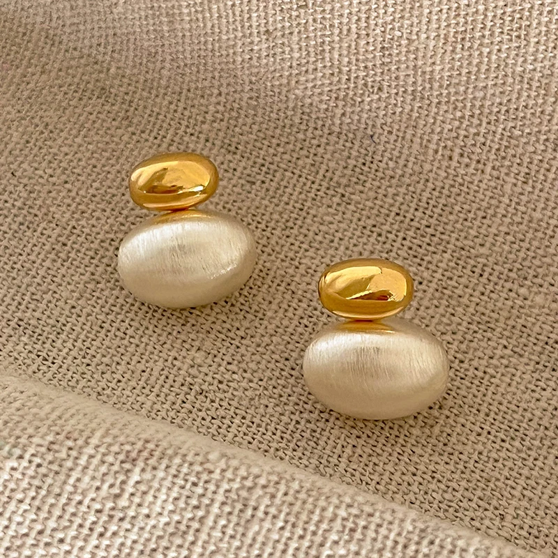 Two Tone Double Circle Brushed Oval Stud Earrings Gold Plated Geometric Earrings for Women Vintage Modern Trendy Jewelry 2023