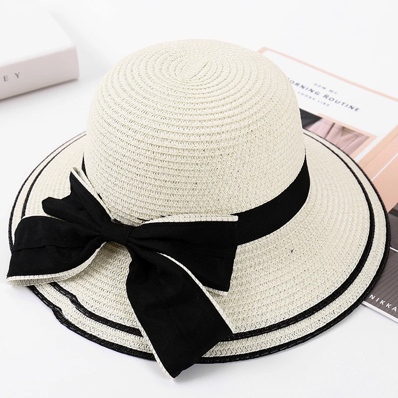 2021 fashion custom straw hat 9 cm two circle bow summer straw hat