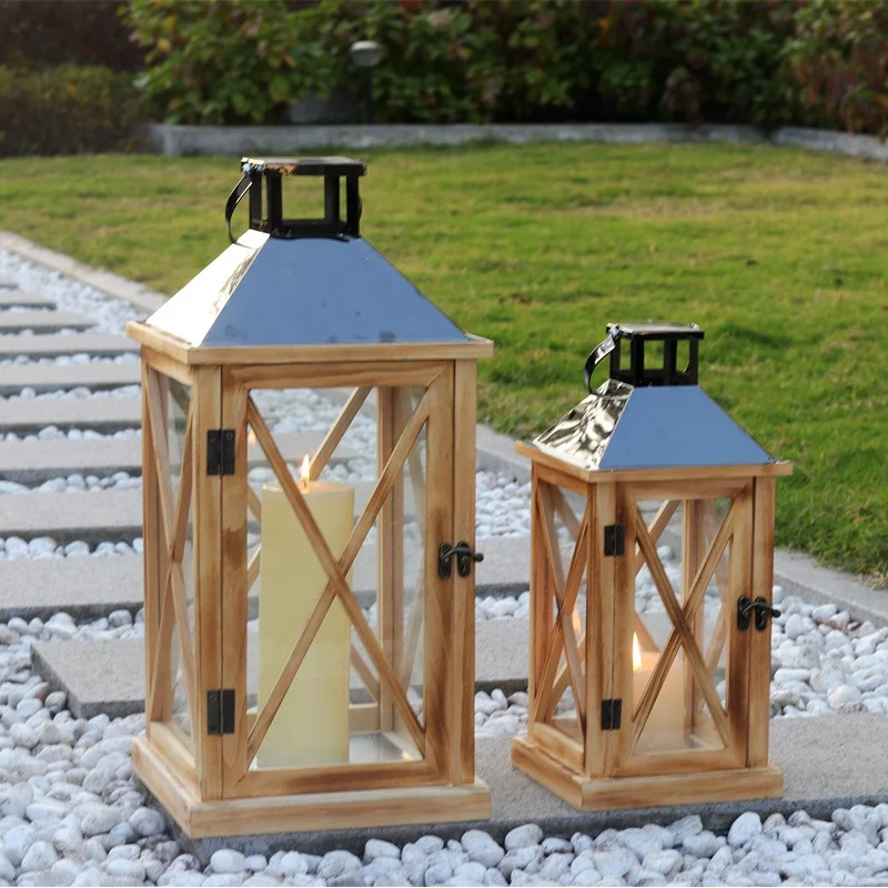 Wooden Lantern With Metal Top For Candle Home and Garden Lantern With handle for Wedding And Home Decor Courtyard Candle Lantern