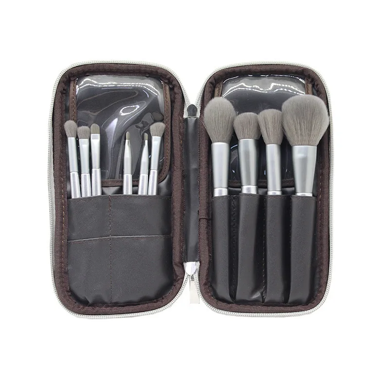 10 pcs high quality silver wood handle makeup brushes synthetic bristle private label makeup brush set kit  with pouch