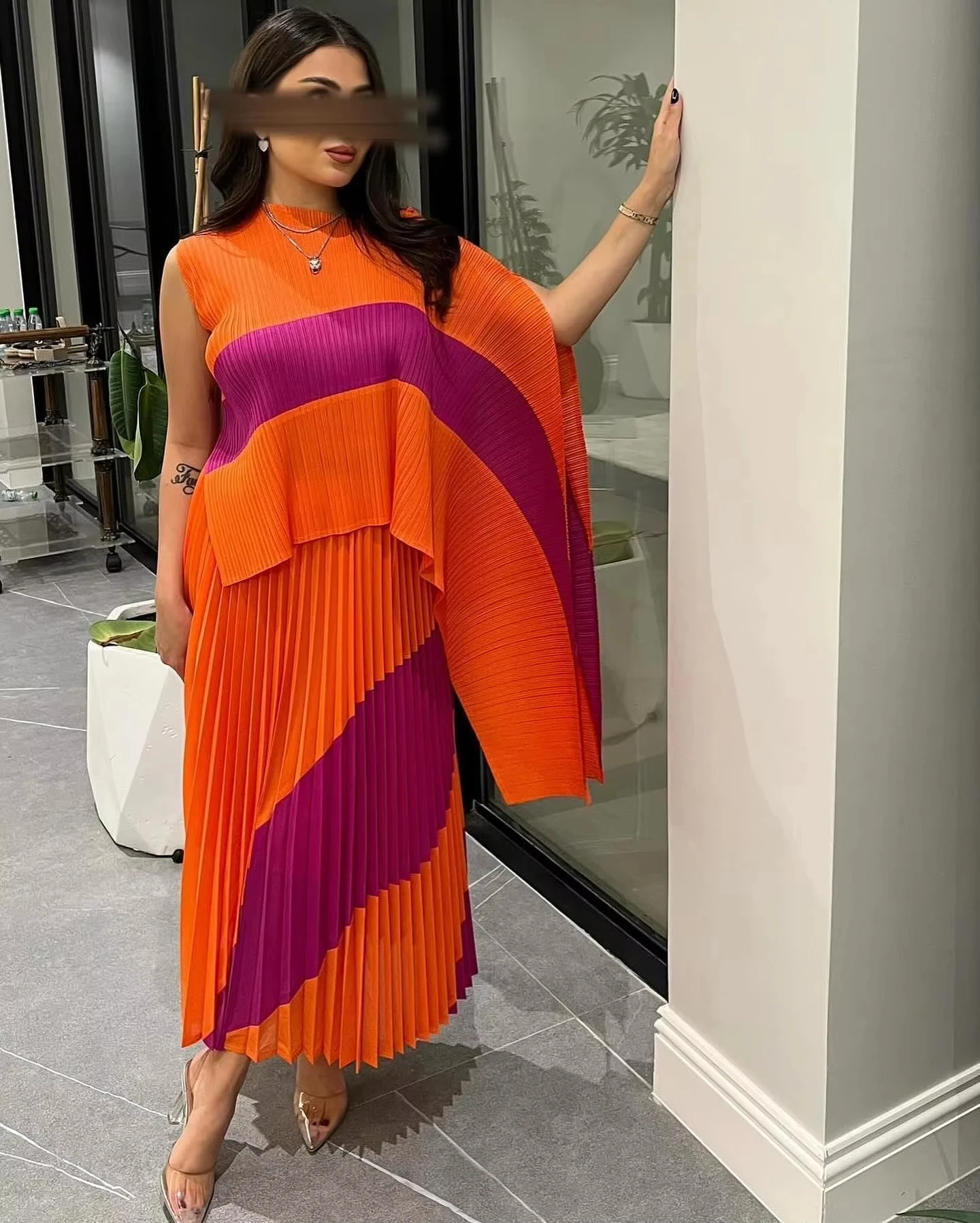 2024 Vintage New Fashion Sleeveless Bell Sleeve Pleated Dress Breathable Wavy Edge Chiffon Maxi Women Casual Church Special