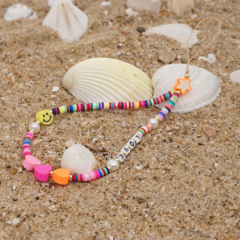 In Stock! Acrylic Resin Mobile Phone Accessories Evil Eye Phone Straps Soft Clay Beads Smiley Face Phone Charms For Women