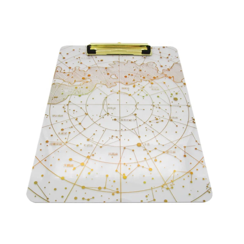 Creative constellation printing gilded Acrylic clipboard with golden metal low profile clip