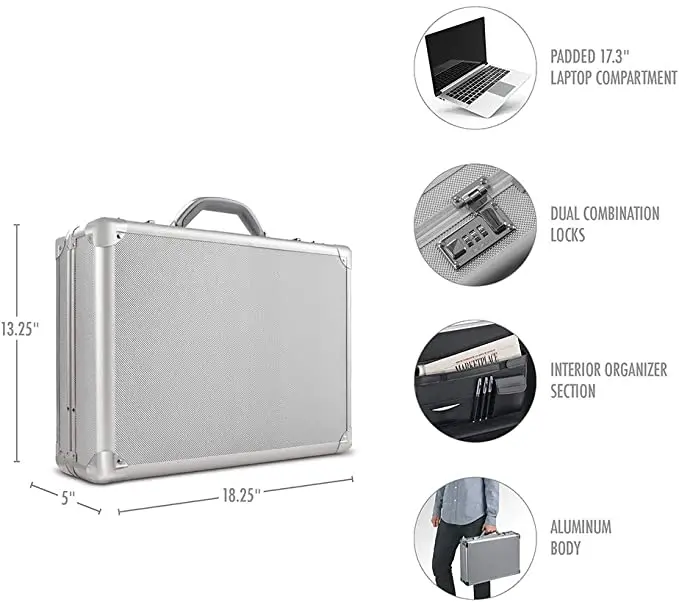 Silver 17.3-Inch Aluminum Laptop Attach Briefcase with Hard-Sided with Combination Locks