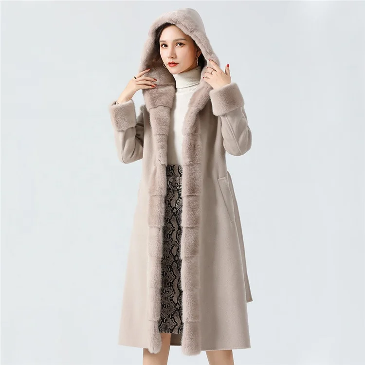2021 New Real Hooded Wool Trench Coat Handmade Long Warm Wool Coat Women
