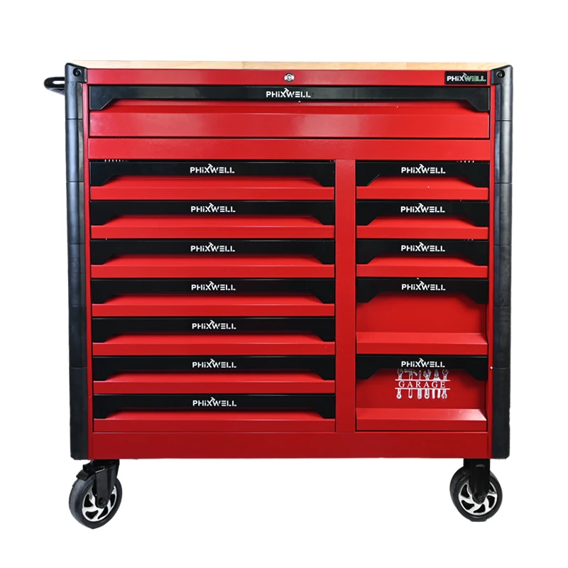 PHIXWELL  new model Workshop Trolley 13 Drawers metal tool cabinet chest cart with wooden countertop for hand tool set storage