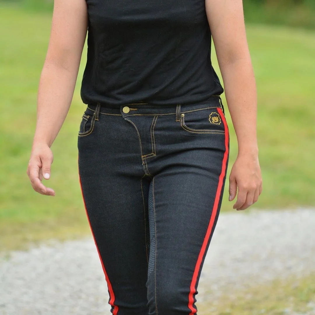 Custom Four way stretch Tech Fabric Red Striped Design Full seat Silicone Grip Denim Breeches Tights