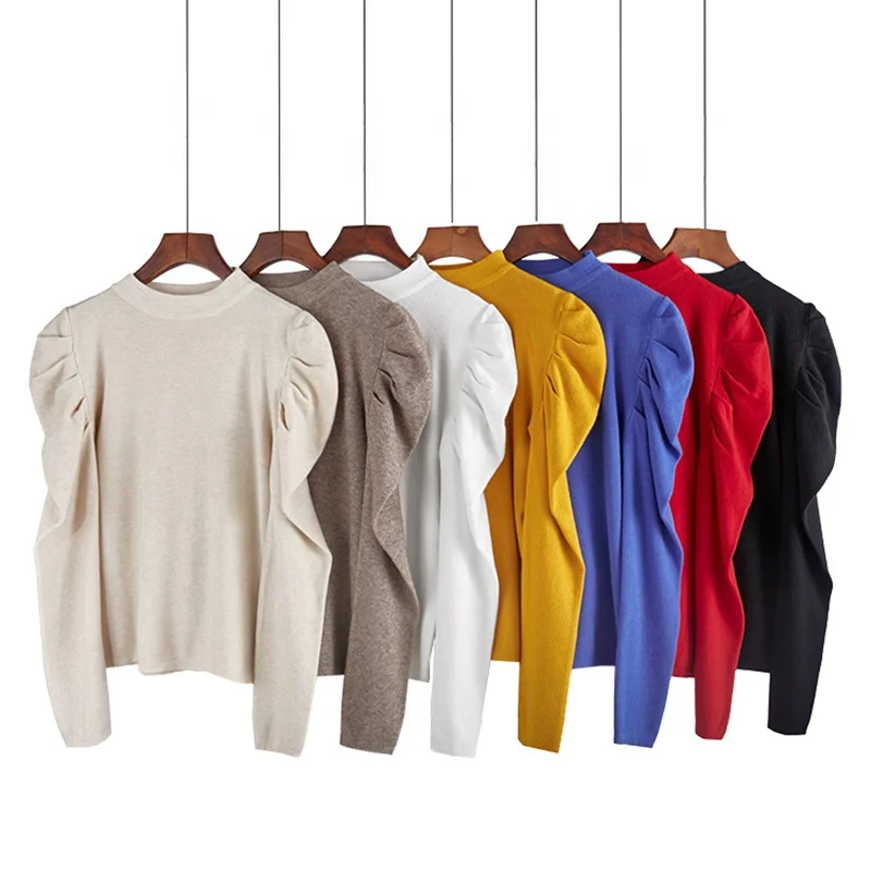 2020 Fashion New Cashmere Sweaters Women One Size Solid Color Knitwear Half Turtleneck Puff Sleeve Womens Knit Sweater Pullover