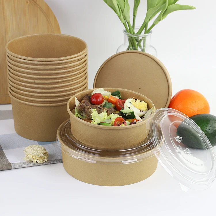 Disposable food container brown kraft paper poke bowl soup salad bowl with lid can be customized