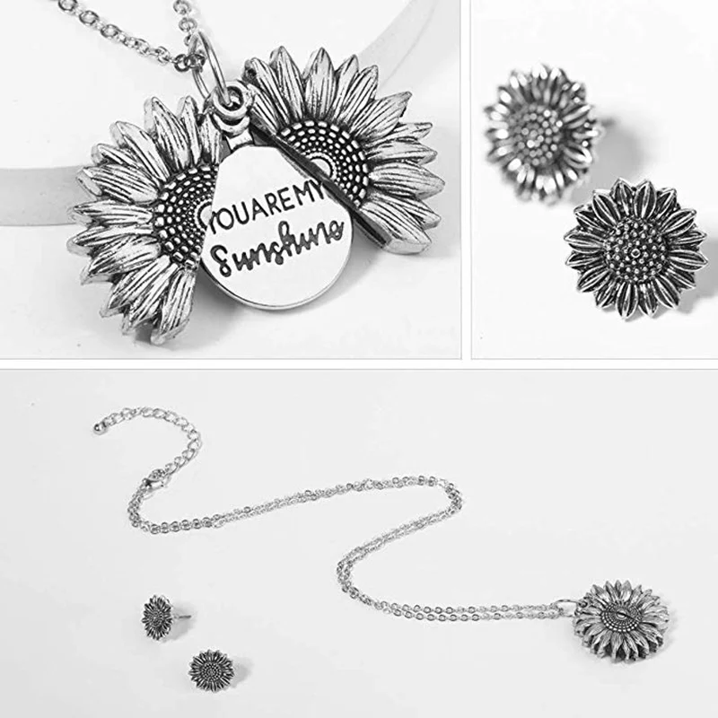 Wholesale Custom Design Women Gold You Are My Sunshine Openable Locket Sunflower Pendant Necklace