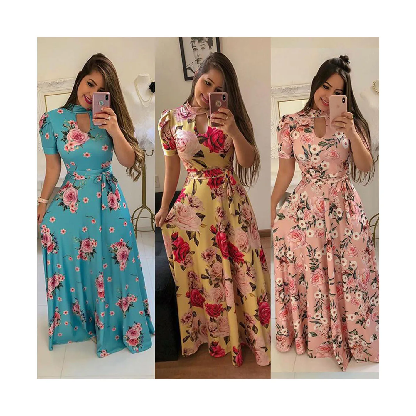 Fashion Floral Print Cross V Neck Dress Women Elegant Slim Elastic Waist Long Party Dress Casual Short Sleeve  cheap Dresses