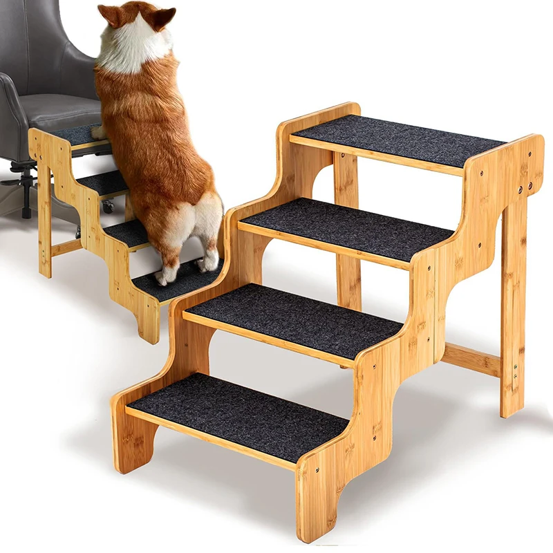 New Bamboo 4 Step Dog Stairs for Bed Non-Slip Dog Stairs for Small Dog Pet Steps Stairs