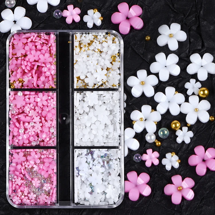 Exquisite Five Petal Flowers 6 Grid Boxed Size Mixed Resin Flower Nail Art Jewelry