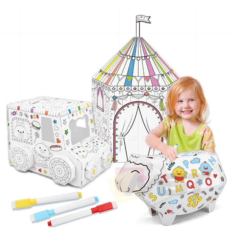 Eco-friendly Painting 3D DIY Creative Doodle Cardboard Toys Hand-on Coloring Sheep Car House Drawing Toy for Kids
